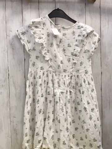 Petit Bateau  Kleid  Gr. 140  weiß Struktur grün graue Blumen Rüschen 