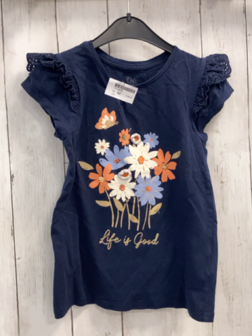   T-Shirt  Gr. 122  blau Blumen mit goldenen Pailetten goldene Glitzerschrift + -blätter 