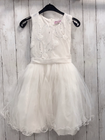   Kleid  Gr. 134/140  weiß Oberteil mit silber Pailetten Rosetten Tüllüberrock