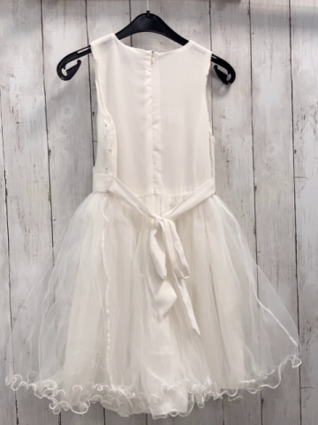   Kleid  Gr. 134/140  weiß Oberteil mit silber Pailetten Rosetten Tüllüberrock