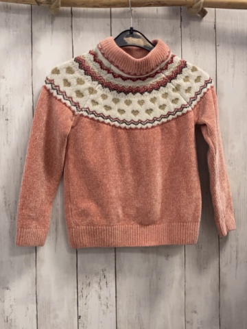   Pullover  Gr. 116  lachs + weiß mit lachs rot goldenem Muster Strick 