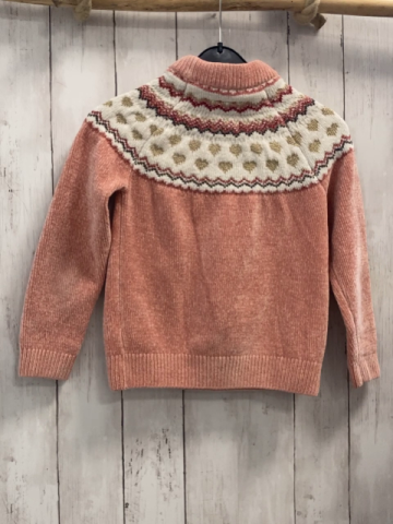   Pullover  Gr. 116  lachs + weiß mit lachs rot goldenem Muster Strick 