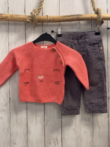 2tlg  Pullover + Hose  Gr. 74  koralle Gesicht Strick + grau Kord gefüttert schwarze Punkte 