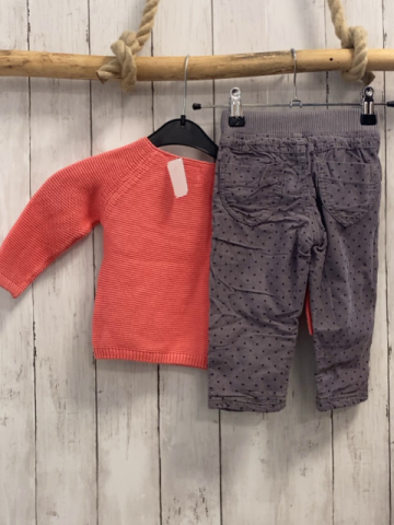 2tlg  Pullover + Hose  Gr. 74  koralle Gesicht Strick + grau Kord gefüttert schwarze Punkte 