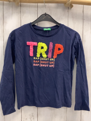 Benetton  Langarmshirt  Gr. 128  blau Schrift mit Rosetten + Glitzer 