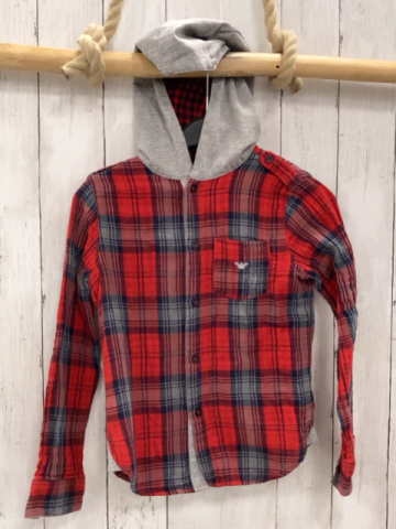 Armani Junior  Hemd  Gr. 128  rot blau grau kariert Struktur hellgraue Kapuze 