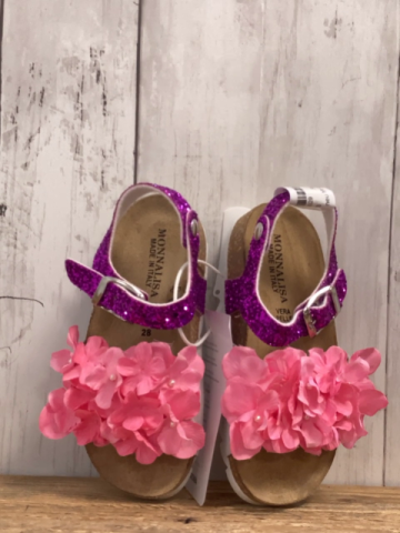 neu Monnalisa  Sandalen  Gr. 28  pflaume mit Glitzersteinen + rosa Rosetten mit Perlen mit Sicherungsbügel  