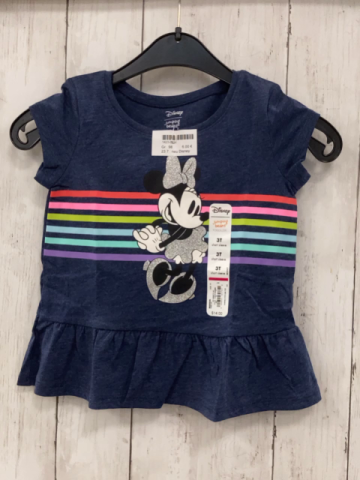 neu Disney  T-Shirt  Gr. 98  blau bunte Bruststreifen Minnie Mouse mit silber Glitzer Rüschensaum 
