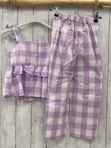 2tlg Janie et Jack  Sommerbluse + Hose  Gr. 128  lavendel weiß kariert Rüschen 