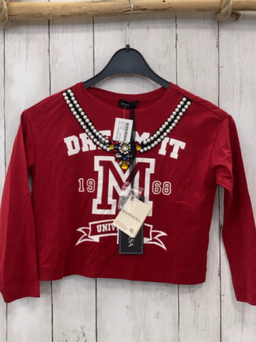 neu Monnalisa  Langarmshirt  Gr. 128  rot schwarzer Kettendruk mit großen Steinen weiße Schrift NP 95 € Outletpreis 62 € 