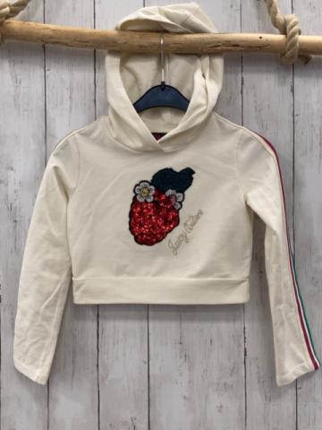 Juicy Coutur  Pullover  Gr. 116  creme Kapuze große Erbeere aus Pailetten Ärmel mit pink weiß grünem Streifen 