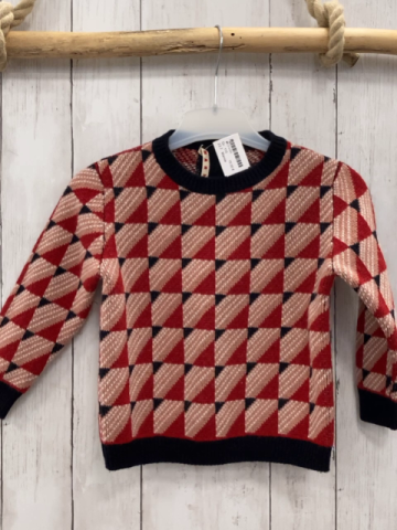 Marnie  Pullover  Gr. 110  altrosa rot weiß schwarze Quadrate mit Striefen schwarzer Bund Strick 100 % Wolle 