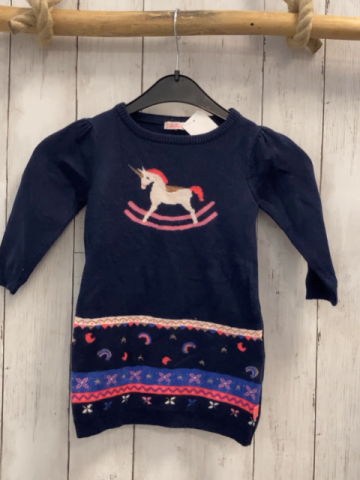 Billieblush  Kleid  Gr. 74  blau Strick Schaukelpferd + bunte Streifen mit Blumen Zacken Bögen 