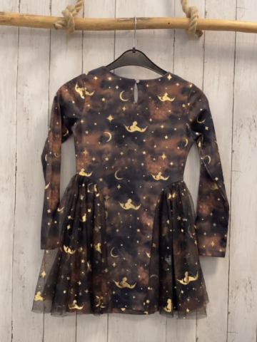 Disney  Kleid  Gr. 122/128  schwarz braun grau gemustert golden Glitzersterne, - monde- Aladin Tüllüberrock 