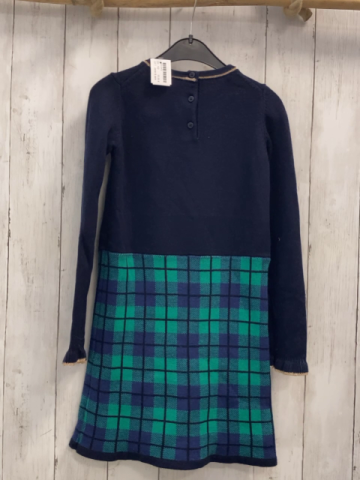 Janie & jack  Kleid  Gr. 122  blaues Strickoberteil mit goldenem Glitzerstreifenbund grün alu lila karierter Roc goldene Knöpfe 