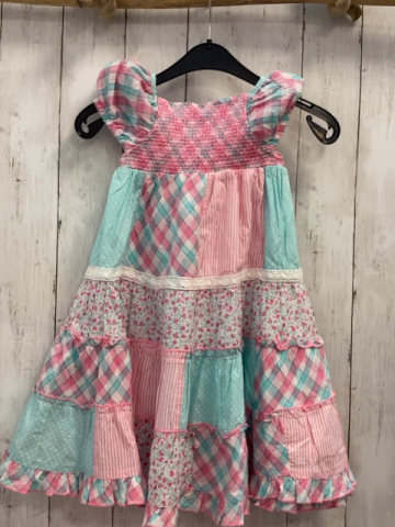   Kleid  Gr. 98  mint weiß rosa mit Blumen Karos Striefen pink Ziernähte 