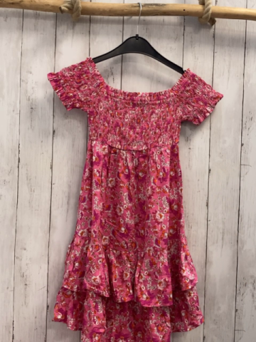 Mayoral  Kleid  Gr. 140  pink pflaum rosa weiße Blumen gesmokes Obertil silber Glitzerstriche 