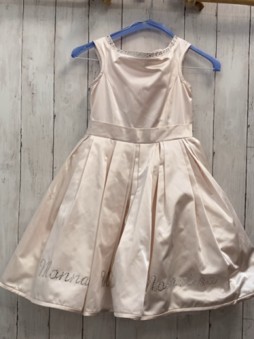 Monna Lisa  Kleid  Gr. 128  zartrosa glänzender Stoff 3 lagiger Tüllunterrock Kragen + Saum mit silber Steinen + Schrift 