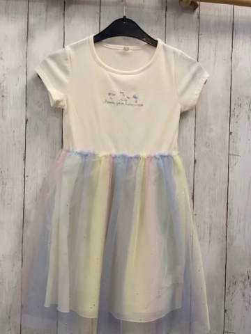   Kleid  Gr. 122/128  creme Rippen Stickerei auf dem Oberteil bunt gestreifter Tüllrock mit silber Glitzerpunkten + -sterne 