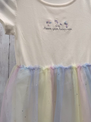   Kleid  Gr. 122/128  creme Rippen Stickerei auf dem Oberteil bunt gestreifter Tüllrock mit silber Glitzerpunkten + -sterne 