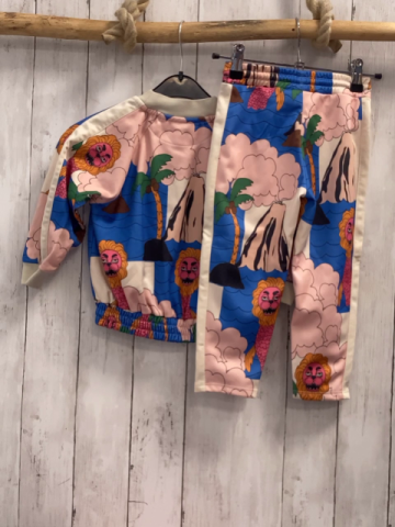 2ltg Mini Rodini  Sweatjacke + Jogginghose  Gr. 92/98  Wellen Palme Tiere beige Streifen + Bund 