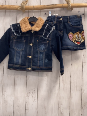 2tlg Monnalisa  Jacke + Shorts  Gr. 110  blau Jeans Sterne abtrennbarer Teddybund Pailettenmausekopf auf der Rückseite der Jacke und der Vorderseite der Shorts