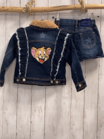 2tlg Monnalisa  Jacke + Shorts  Gr. 110  blau Jeans Sterne abtrennbarer Teddybund Pailettenmausekopf auf der Rückseite der Jacke und der Vorderseite der Shorts