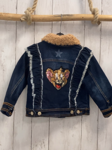 Monna Lisa  Jacke Gr. 110  blau Jeans abtrennbarer brauner Teddykragen Pailettenbild "Jerry" auf der Rückseite Sterne orange Nähte