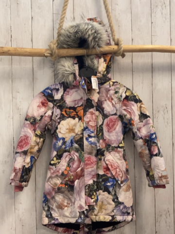 Molo  Mantel  Gr. 128  große bunte Blumen Kapuze mit abtrennbarem Plüschbund 