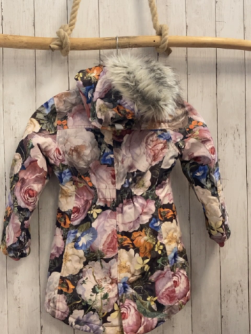 Molo  Mantel  Gr. 128  große bunte Blumen Kapuze mit abtrennbarem Plüschbund 