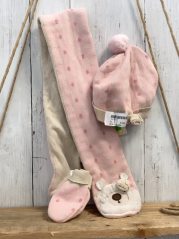 neu 3tlg Mütze Schal + Handschuhe Gr. 2  rosa beige Punkte Strick 