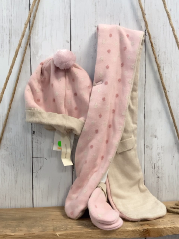neu 3tlg Mütze Schal + Handschuhe Gr. 2  rosa beige Punkte Strick 