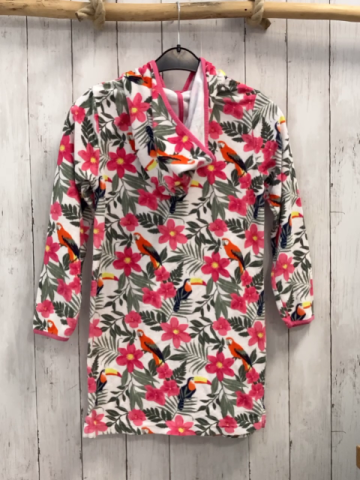  Kleid Gr. 134  weiß oliv pink Blumen Vögel Kapuze Frottee