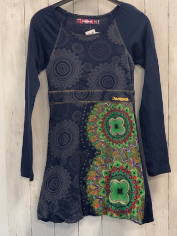 Desigual  Kleid  Gr. 146/152  blau grau + bunte Bumen goldene Nähte 