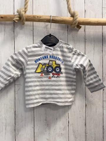   Langarmshirt  Gr. 80  hellgrau weiße Streifen Bagger Schrift 