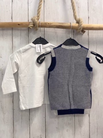 2tlg Benetton Langarmshirt + Weste  Gr. 80  weiß mit Krawatte + blau Strick grauer Bund 