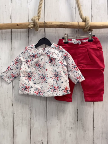 2tlg Sergent Major  Bluse + Hose  Gr. 68  weiß Blumen + rot gefüttert 