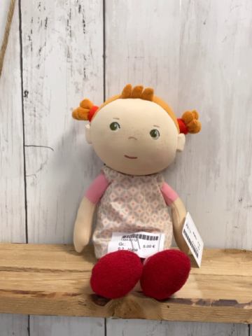 Haba  Plüschspielzeug Puppe mit Kleid + rot rosa gestreiften Beinen 