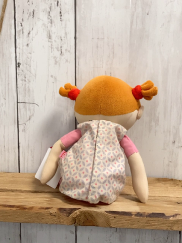 Haba  Plüschspielzeug Puppe mit Kleid + rot rosa gestreiften Beinen 