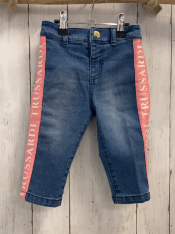 Trussardi  Hose  Gr. 74  blau Jeans rosa Seitenstreifen mit weißer Schrift 