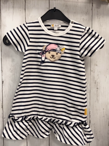 Steiff  Kleid  Gr. 74   weiß schwarze Streifen Plüschbärenkopf mit rosa Tuch 