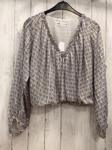 Zara  Bluse Gr. S  beige blau goldener Druck 