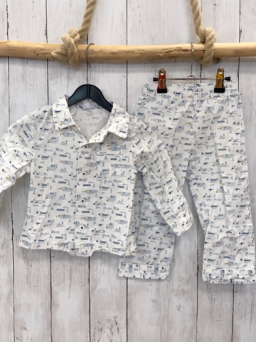 petit bateau 2tlg Sommerhemd + Shorts Gr. 86  weiß blaue Fahrzeuge und Häuser