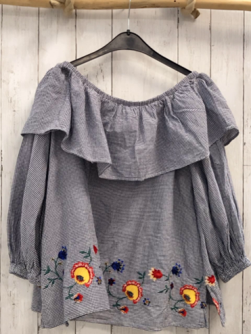 Zara  Bluse  Gr. 158/164   schwarz weiß kariert großer Kragen gestickte Blumen 