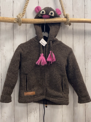 Sternstunde Wolljacke Gr. 110  braun 100 % Wolle rosa Bommel