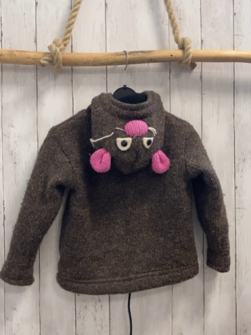 Sternstunde Wolljacke Gr. 110  braun 100 % Wolle rosa Bommel