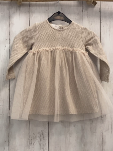 Zara  Kleid  Gr. 92  beige weiße Quadrate mit golden Glitzer Tüllüberrock