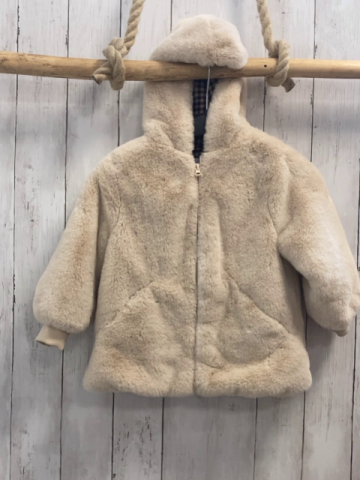 Zara  Plüschjacke  Gr. 104  beige Kapuze schwarz braun kariertes Futter 