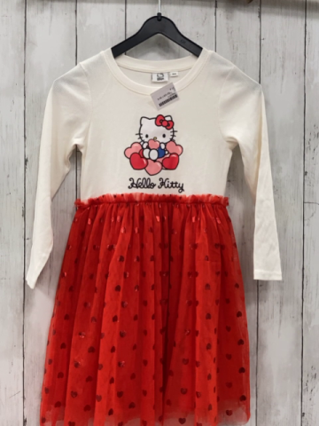   Kleid  Gr. 122/128  weißes Oberteil mit Rippen + Hello Kitty roter Tüllüberrock mit Glitzerherzen 