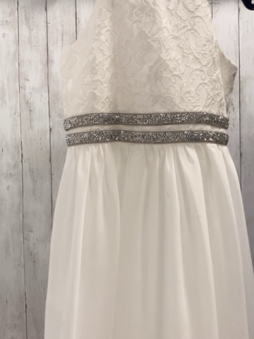   Kleid  Gr. 128  weißes Oberteil mit Stickerei silber Glitzergürtelstreifen 2 lagiger Rock